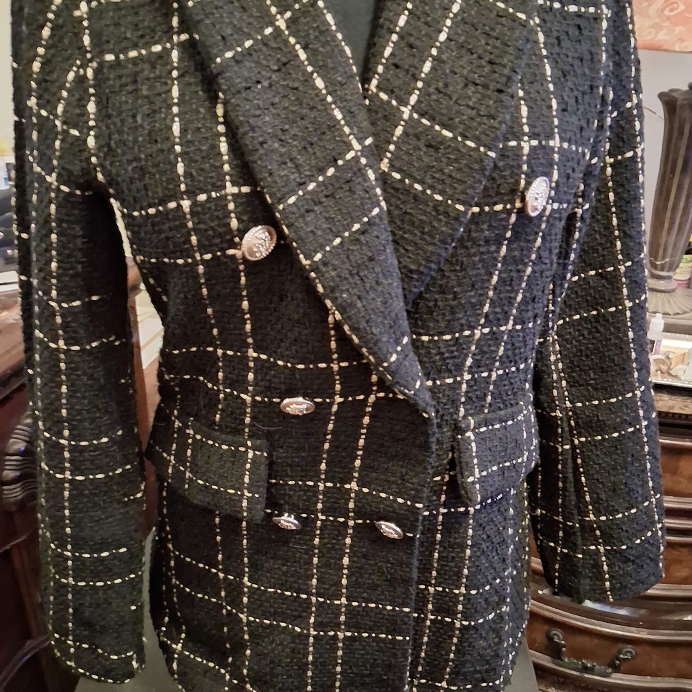 SHEIN Black and Gold Tweed Plaid Blazer